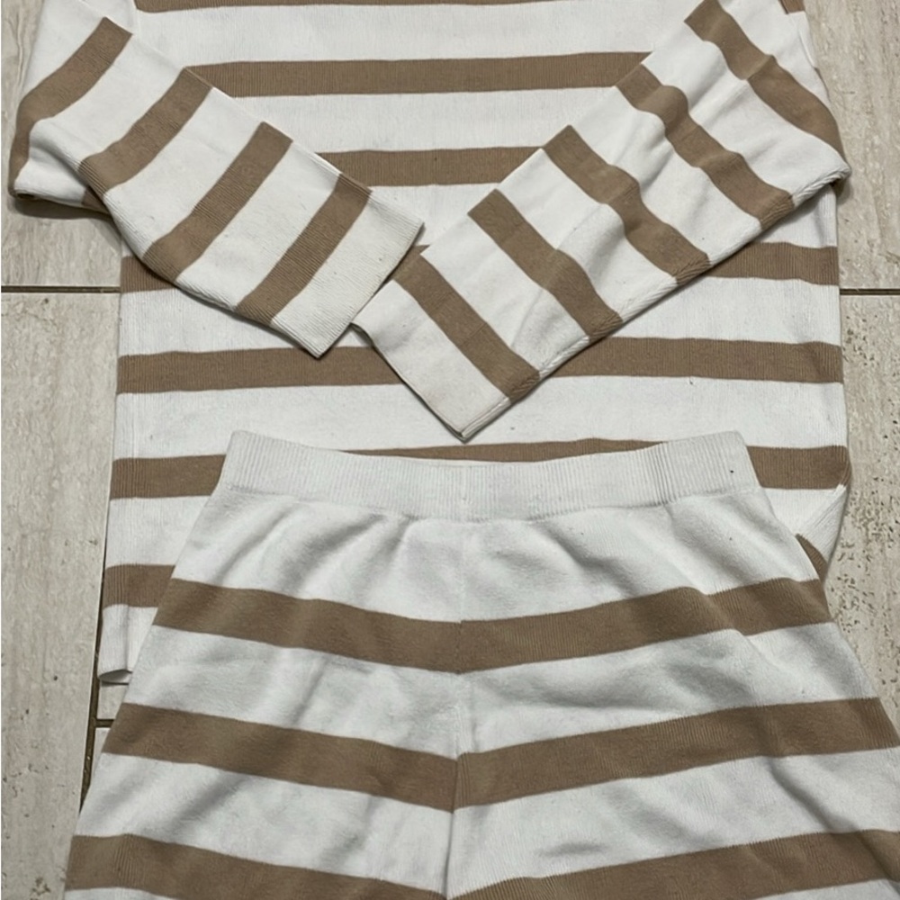 Striped White and Tan Loungewear Set